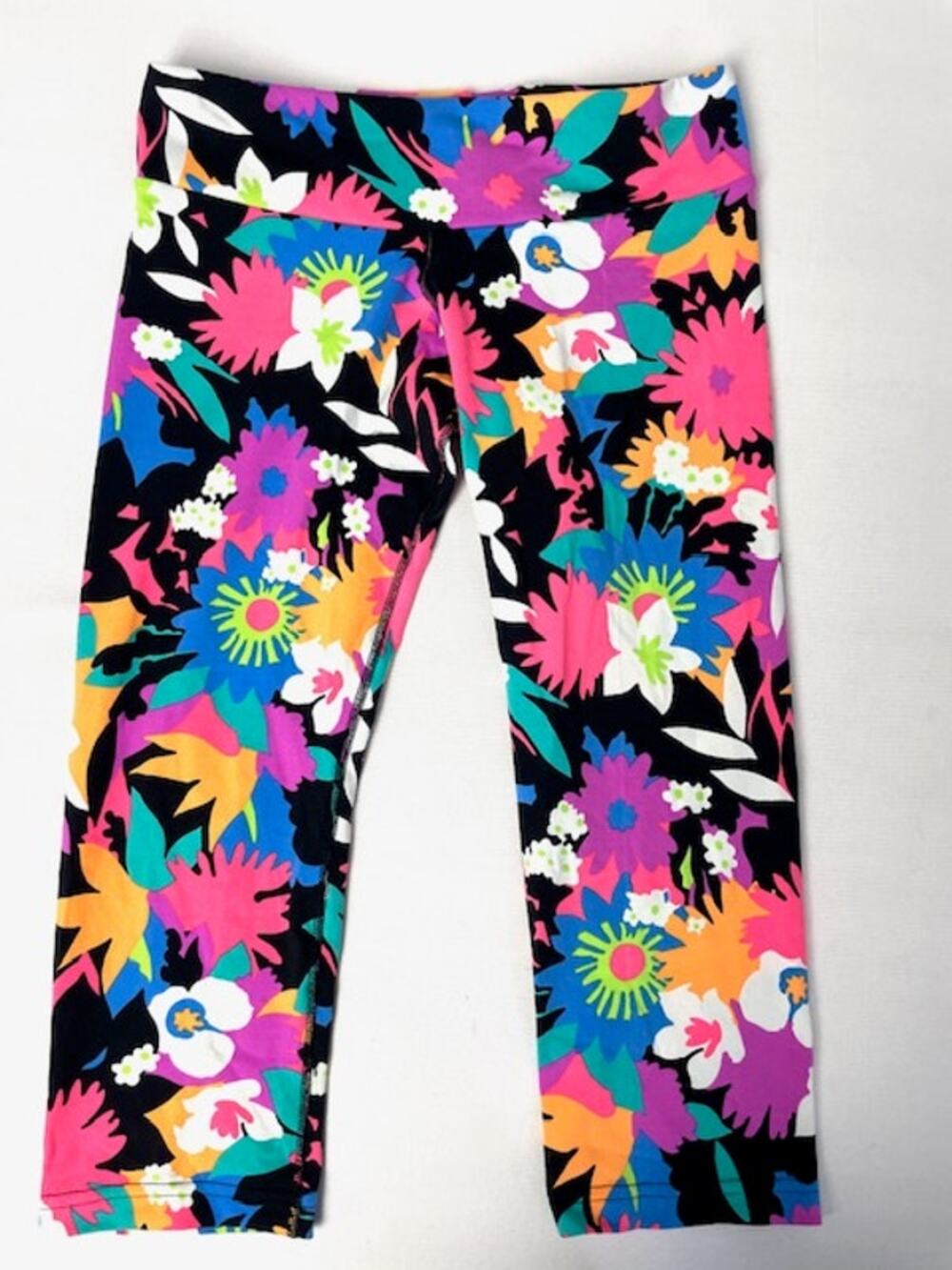 Zweet Sport Floral Crop Capri Leggings Neon Multicolor Athletic Yoga Small Retro